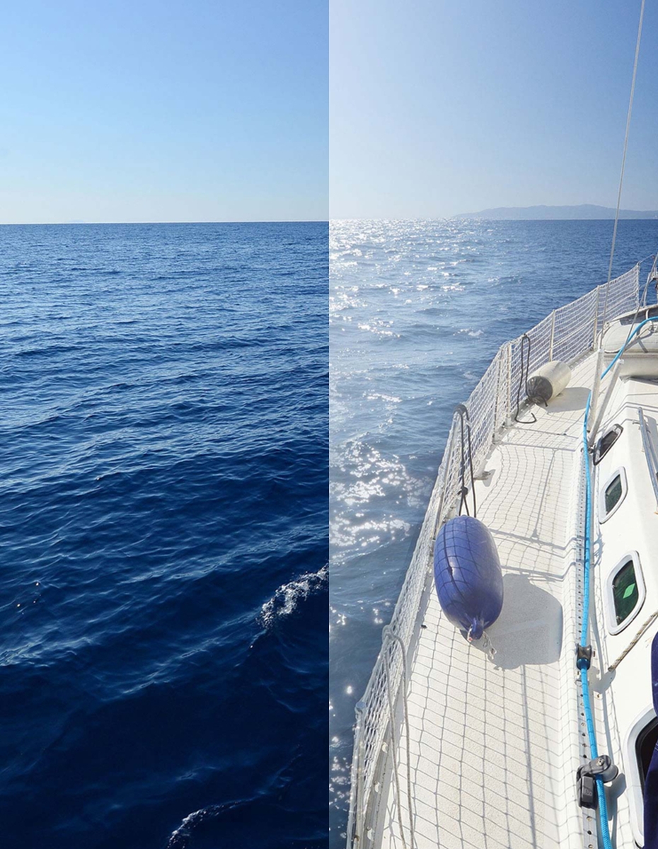 Zweigeteiltes Bild mit Schiff auf dem Meer. Auf der linken Seite sieht man das Meer ohne Spiegelung (Ansicht durch polarisierende Gläser) und auf der rechten Seite mit Spiegelung (Ansicht durch normales Brillenglas).